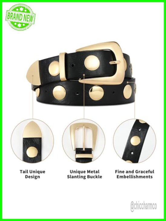 Gold Buckle Studded Faux Leather Punk Waist Belt for Jeans Dress main image 5